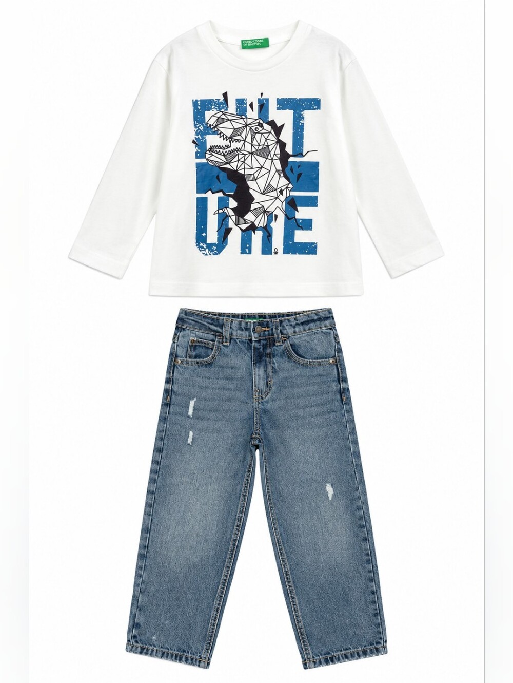 Benetton 5T Boys Jeans And Long Sleeve Shirt Set Blue Dino Graphic